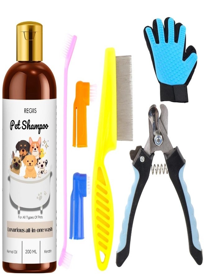 مجموعة ريجيس للعناية بالحيوانات الأليفة، شامبو للكلاب بزيت نواة النخيل والكيراتين، قفاز لإزالة الشعر الزائد، مقص أظافر، أمشاط، فرش، مجموعة من 5 قطع لجميع أنواع الحيوانات الأليفة - Image 1